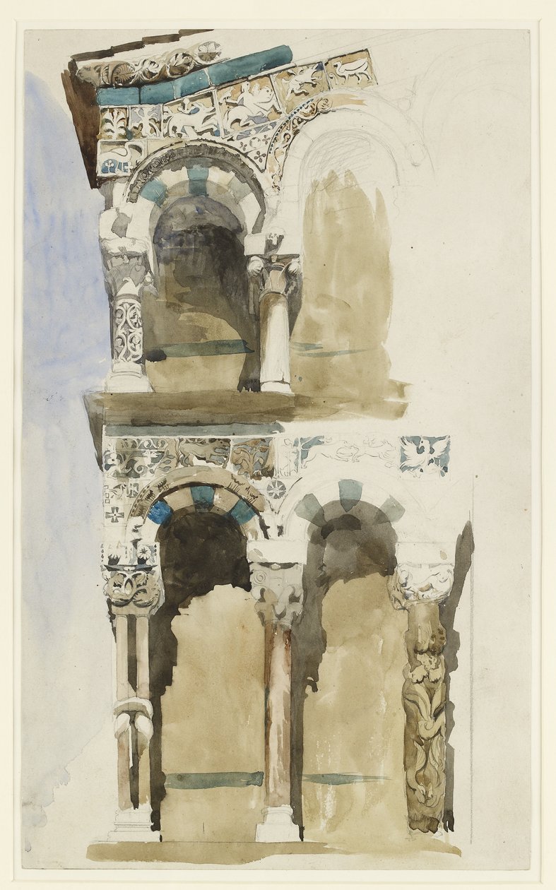 Teil der Fassade der zerstörten Kirche San Michele in Foro, Lucca, skizziert in Farbe, 30. Juni - 1. Juli 1846 von John Ruskin