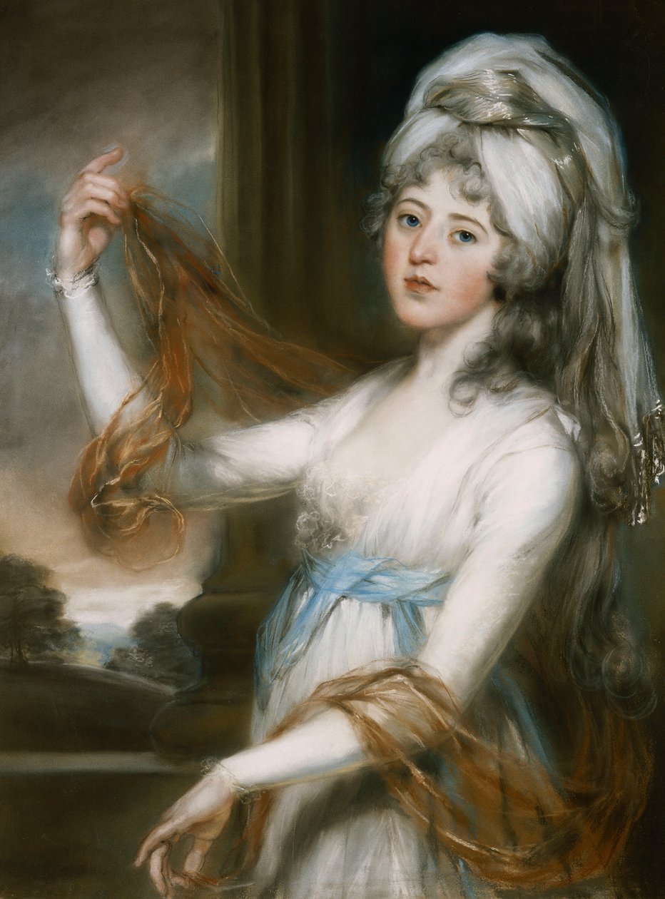Porträt von Sarah, Ehefrau von Walker King, Bischof von Rochester, Dreiviertellänge, in einem weißen Kleid mit blauem Band von John Russell