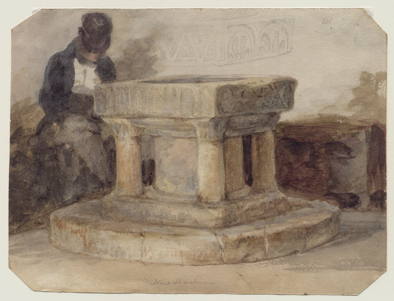 Der Taufstein der Kirche von New Shoreham, West Sussex, mit dem Künstler William Scott aus Brighton (schlafend?) von John Sell (style of) Cotman