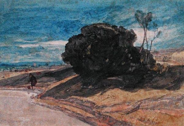 Ein Angler an einem Flussufer in der Nähe einer Baumgruppe von John Sell Cotman