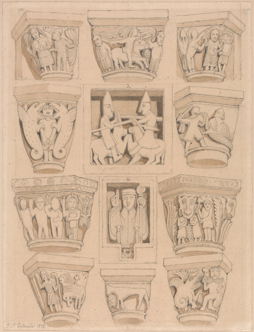 Kapitäle und A & B Basreliefs in der Abteikirche Saint Georges de Bocherville, nahe Rouen, Normandie von John Sell Cotman