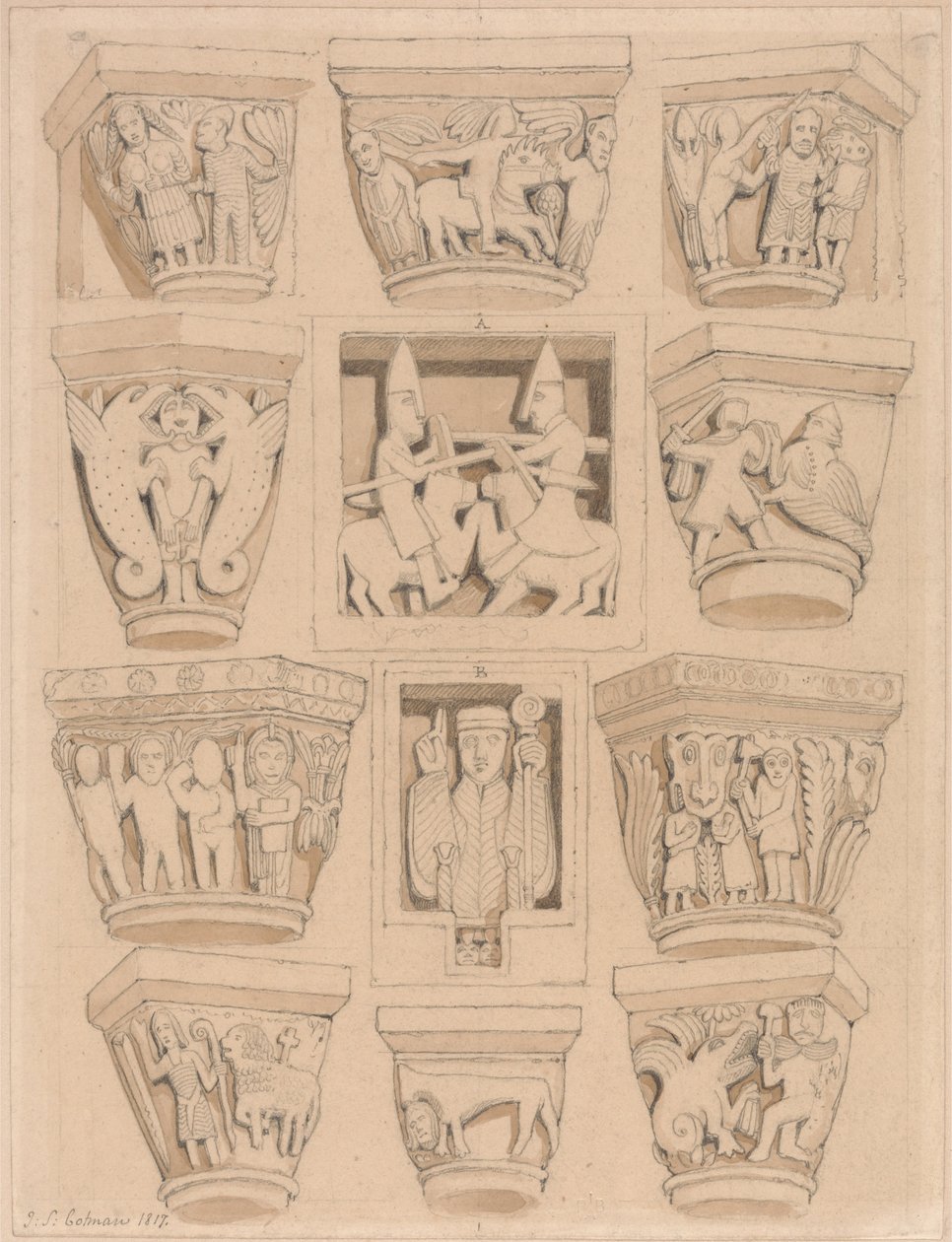 Kapitelle und A & B Basreliefs in der Abteikirche von Saint Georges de Bocherville, in der Nähe von Rouen, Normandie von John Sell Cotman