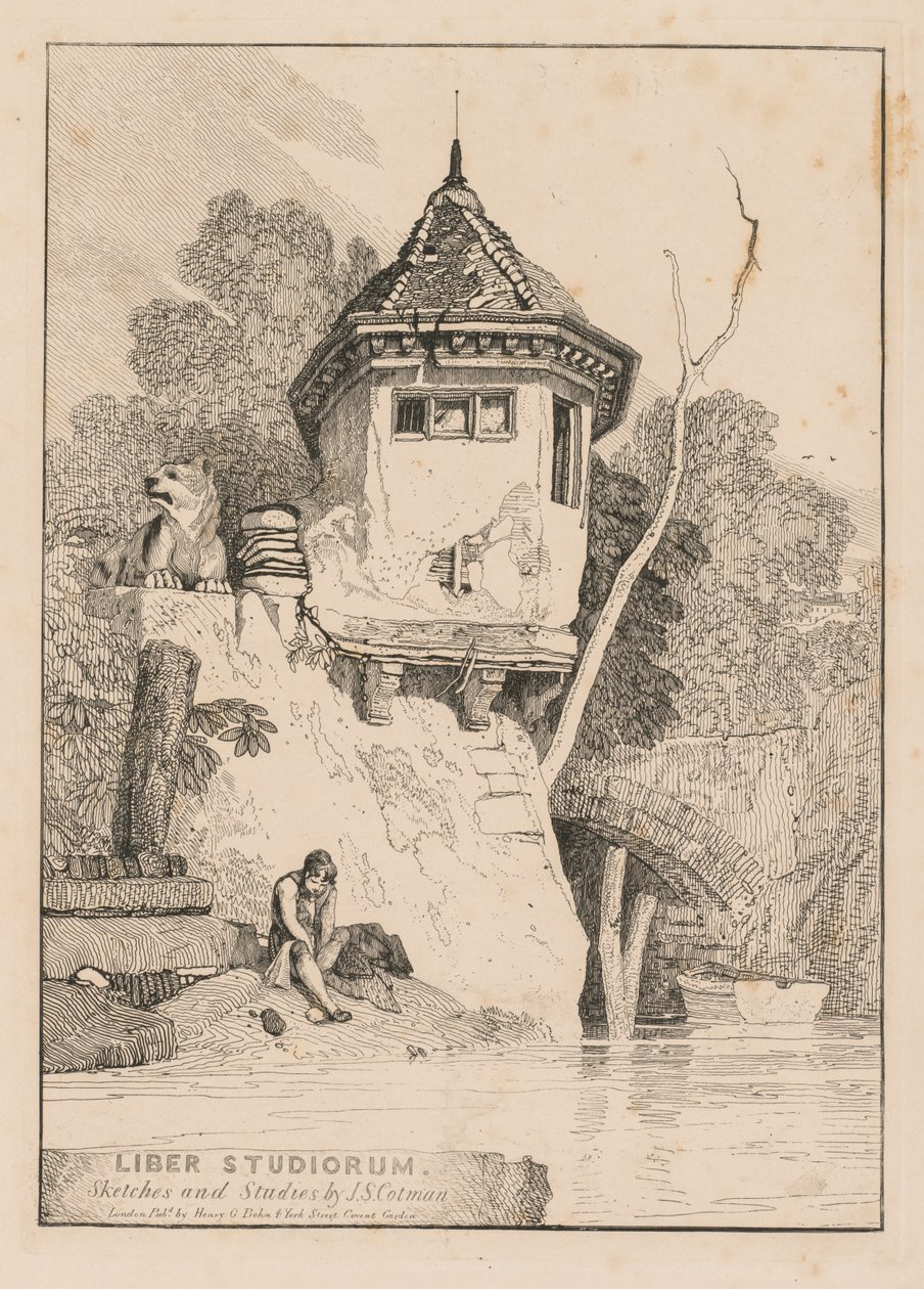 Liber Studiorum, Frontispiz, Blick auf ein Gartenhaus am Ufer des Flusses Yare, 1838 von John Sell Cotman