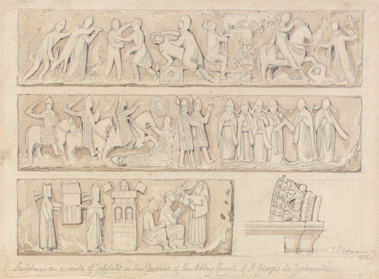 Skulptur auf einer Suite von Kapitellen im Kreuzgang der Abteikirche Saint Georges de Bocherville, in der Nähe von Rouen, Normandie von John Sell Cotman