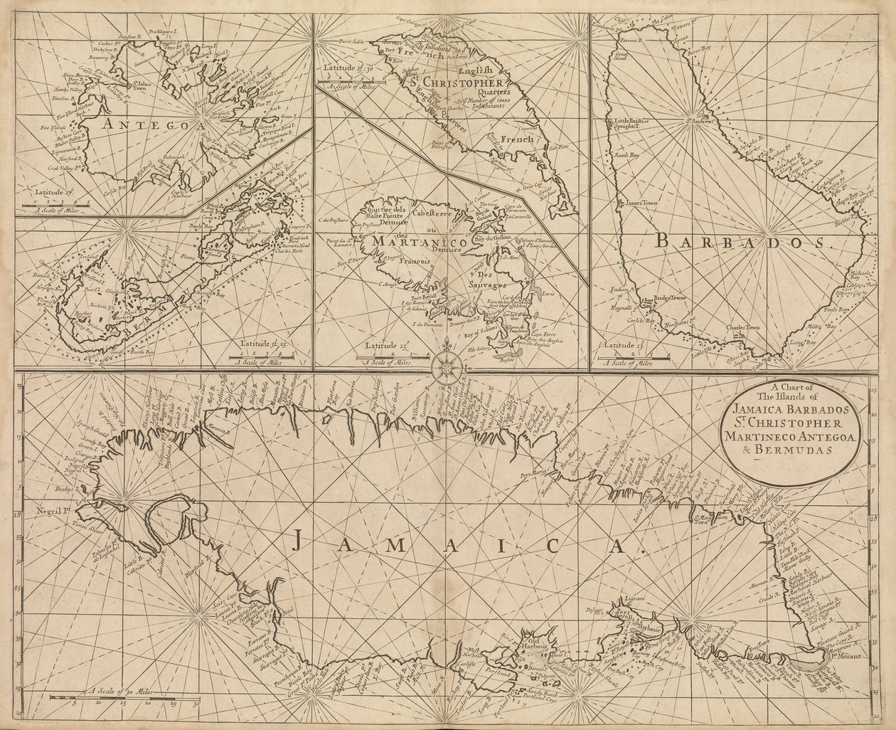 Karte von Jamaika, Barbados, St. Christopher, Martinique, Antigua und Bermuda von John Seller