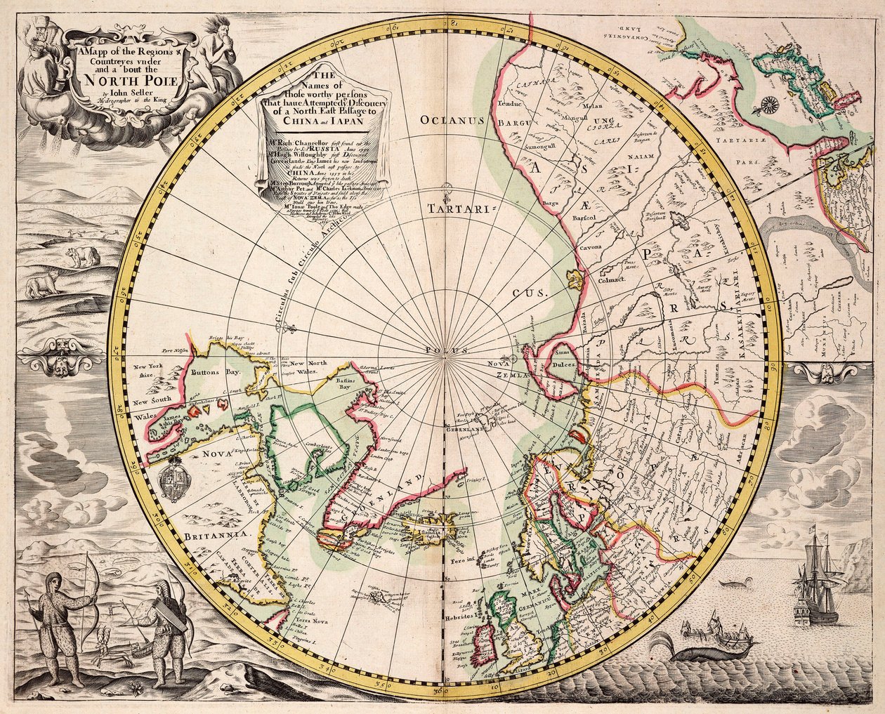Polare Projektionskarte mit dem Polarkreis, ca. 1680 (farbige Gravur) von John Seller