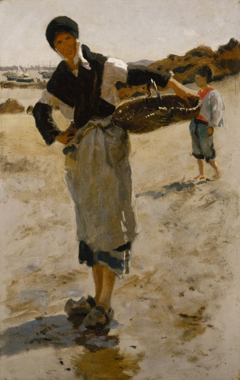 Bretonische Frau mit einem Korb, Skizze für Austernsammelnde von Cancale von John Singer Sargent