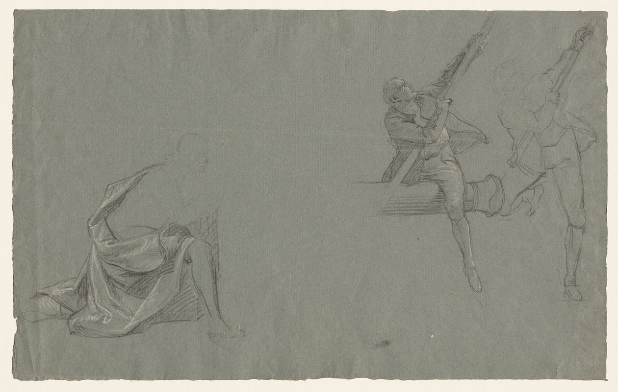 Studie von Draperien; Zwei Figuren ziehen an einer Stange von John Singleton Copley