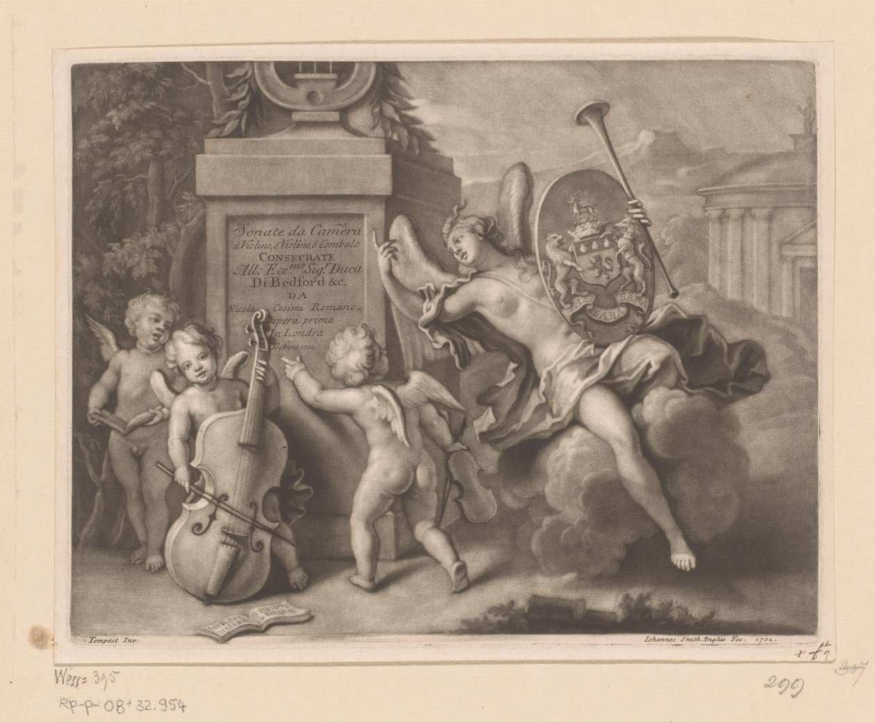 Engel mit Musikinstrumenten bei einem Denkmal von John Smith