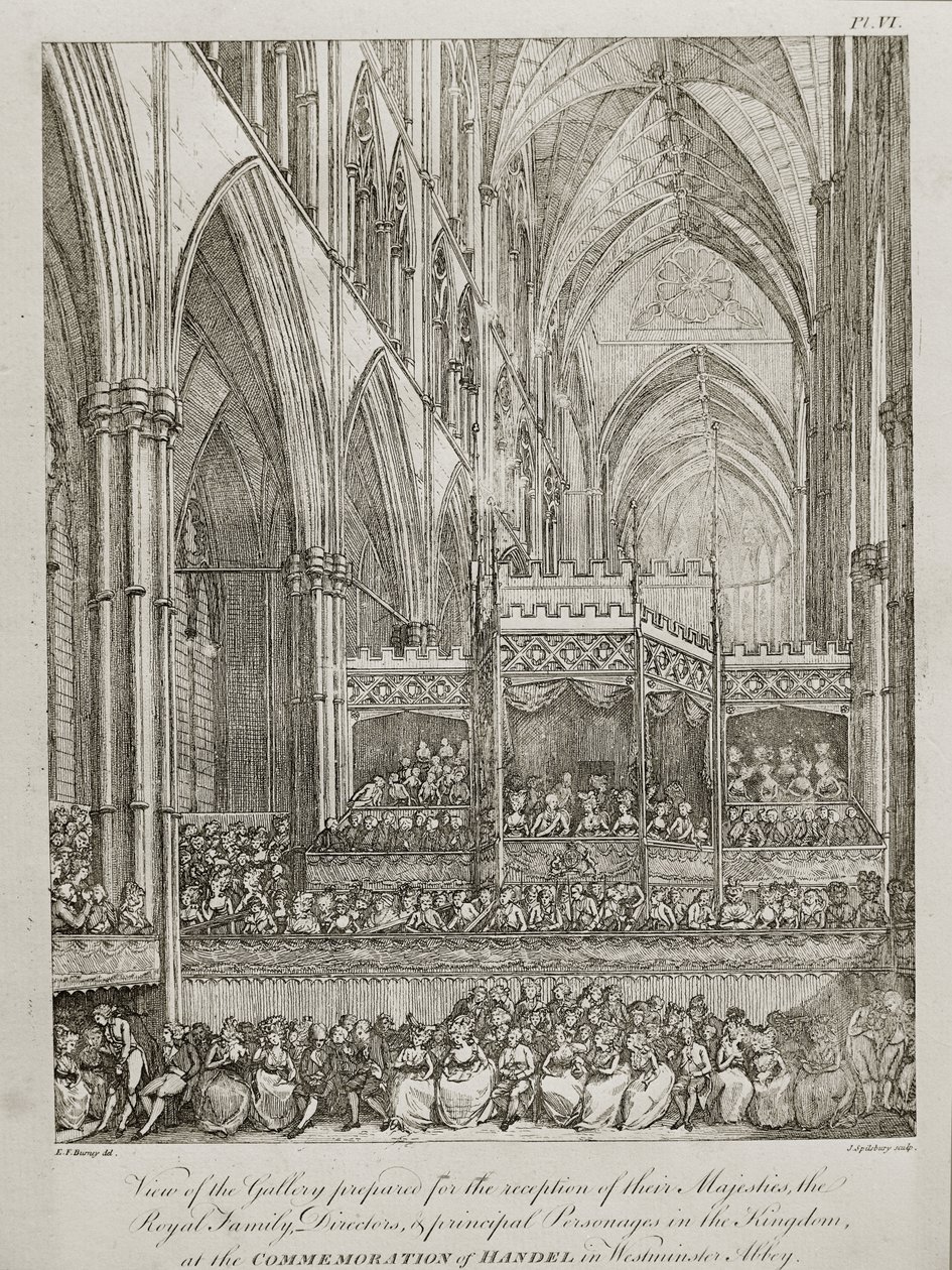 Konzert zum Gedenken an den 25. Todestag von Georg Friedrich Händel (1685-1759) - Ansicht der Galerie, die für den Empfang ihrer Majestäten der königlichen Familie vorbereitet wurde von John Spilsbury