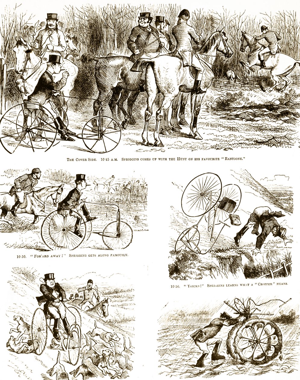 Eine Karikatur eines Mannes, der auf einem Dreirad jagt. Illustriert von John Tenniel (1820-1914), einem englischen Illustrator, Grafik-Humoristen und politischen Karikaturisten von John Tenniel