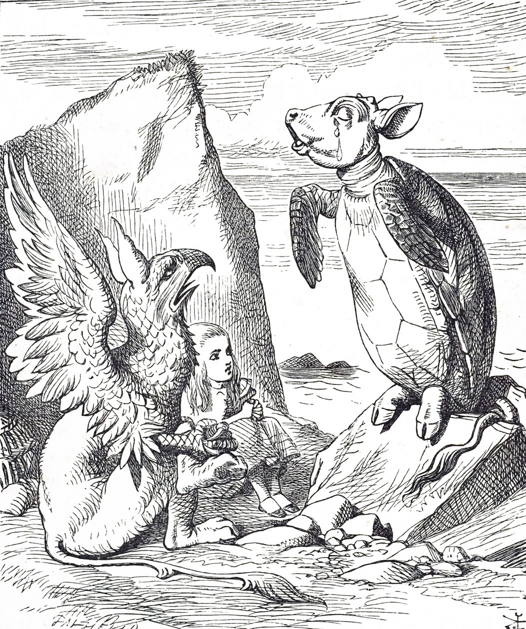 Alice, Mock Turtle und der Greif aus Alice im Wunderland von John Tenniel