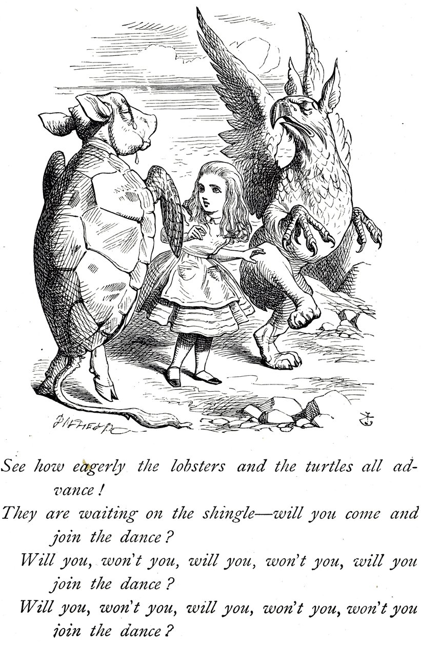 Alice, Mock Turtle und der Greif aus Alice im Wunderland von John Tenniel