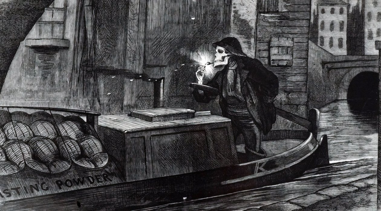 Wahlkampfkarikatur von John Tenniel, die vorschlägt, dass das Parlament Sicherheitsvorschriften für den Umgang und Transport von Sprengstoffen einführen sollte, nach der Zerstörung eines mit Schießpulver beladenen Lastkahns auf dem Regent