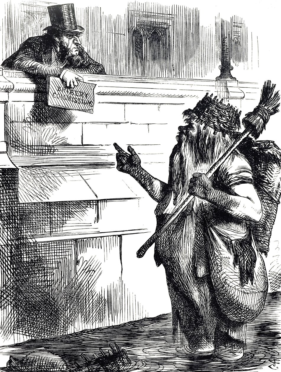 Karikatur, die die Verschmutzung der Themse und die Untersuchungen zu Bestechung bei Wahlen in Great Yarmouth, Reigate und Lancaster kommentiert von John Tenniel