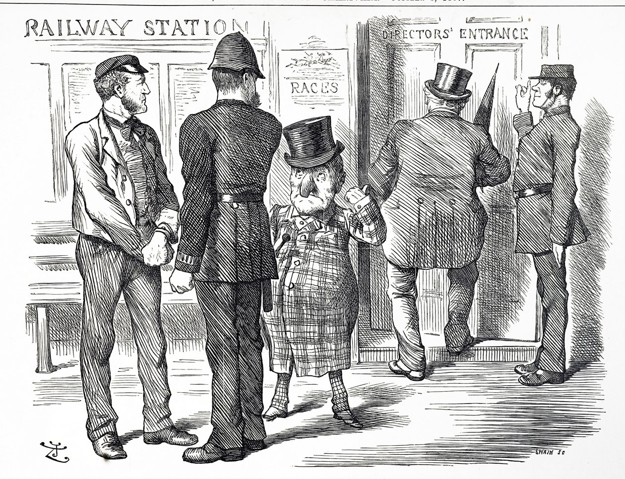 Karikatur über die Forderungen nach einem Blocksystem-Signal, das auf den britischen Eisenbahnen verpflichtend eingeführt werden soll von John Tenniel