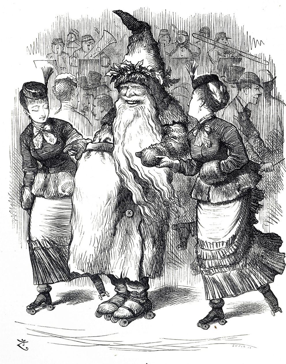 Karikatur, die den Weihnachtsmann auf Rollschuhen zeigt von John Tenniel