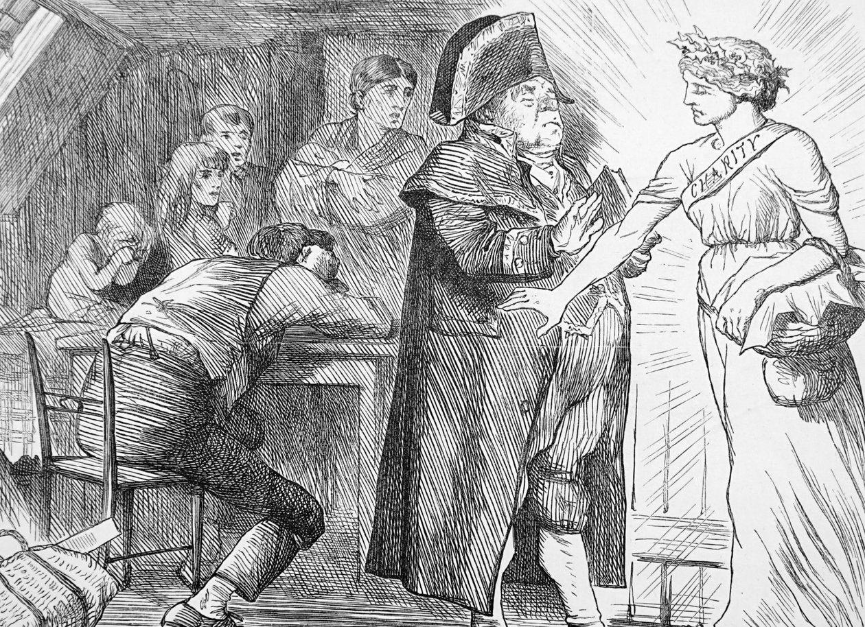 Wohltätigkeit fegt Mr. Brumbles Proteste beiseite in ihrem Bestreben, armen Familien in Not zu helfen von John Tenniel