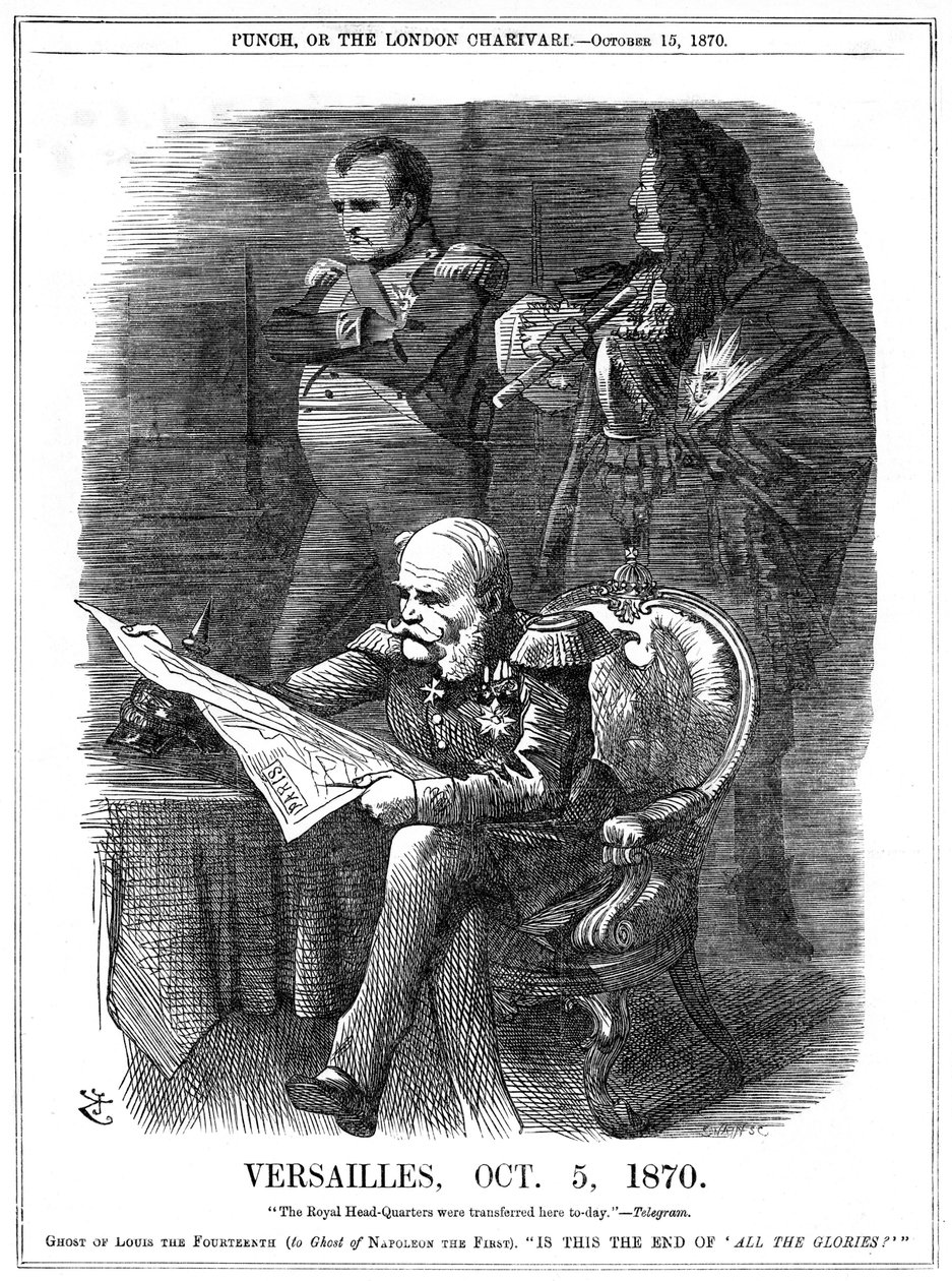 Deutsch-Französischer Krieg 1870-1871: Schatten von Ludwig XIV. und Napoleon I. beklagen das Verblassen des Ruhms Frankreichs. Am 5. Oktober 1870 machte Wilhelm I., König von Preußen, Versailles zu seinem Hauptquartier, und am 18. Januar wurde er im Spiege von John Tenniel