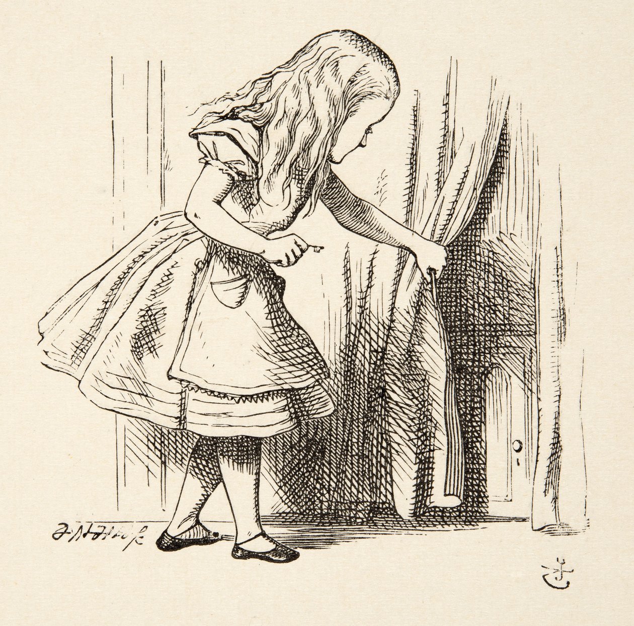 Hinter den Vorhang schauen, aus Alice im Wunderland von Lewis Carroll (1832 - 98), veröffentlicht 1891 von John Tenniel