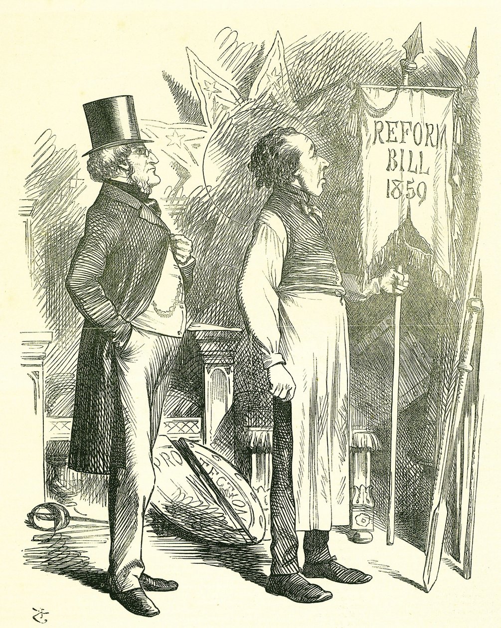 Politische Ökonomie: Reform des Parlaments - Erweiterung des Wahlrechts. Disraeli (Kanzler) und Derby (Premierminister) entstauben das Reformgesetz. 1867 brachte Disraeli ein neues Gesetz ein. John Tenniel Karikatur aus Punch, London von John Tenniel