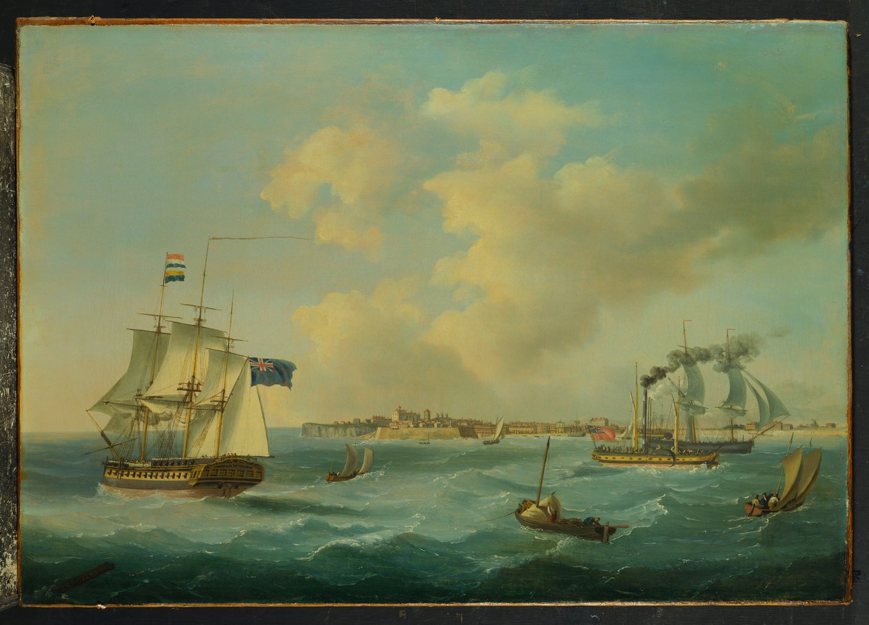 Eine 44-Kanonen-Fregatte, ein Passagierdampfer und andere Schiffe vor St. Peter Port, Guernsey, 1825 von John Thomas Serres