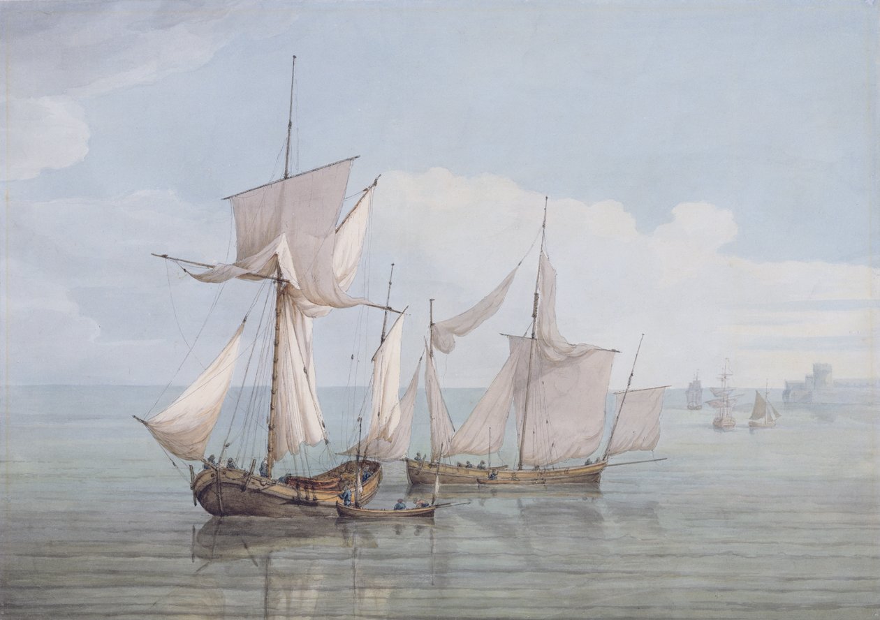 Eine Hoy und eine Lugger mit anderen Schiffen auf ruhiger See von John Thomas Serres