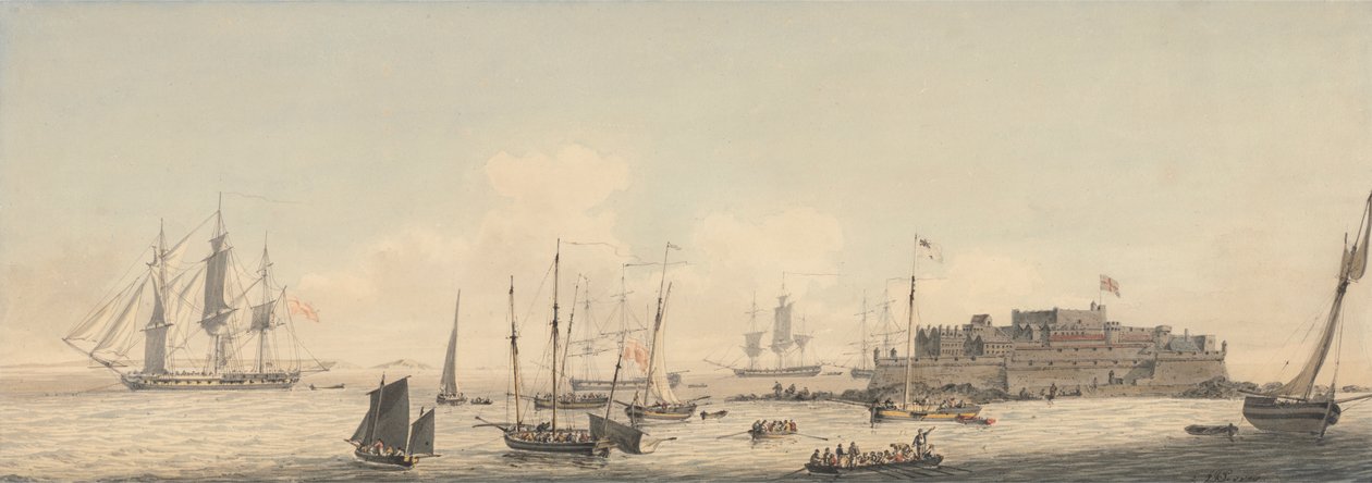 Ansicht von Castle Cornet, Guernsey, Kanalinseln, mit Schiffen von John Thomas Serres