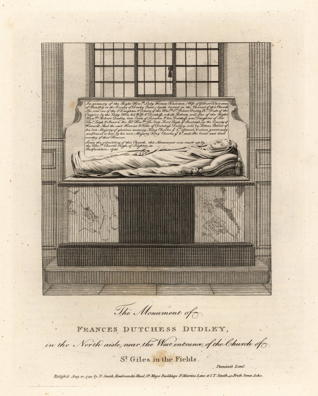 Denkmal von Lady Frances Kniveton, Herzogin von Dudley, Ehefrau von Sir Gilbert Kniveton, in der Kirche St. Giles in the Fields von John Thomas Smith