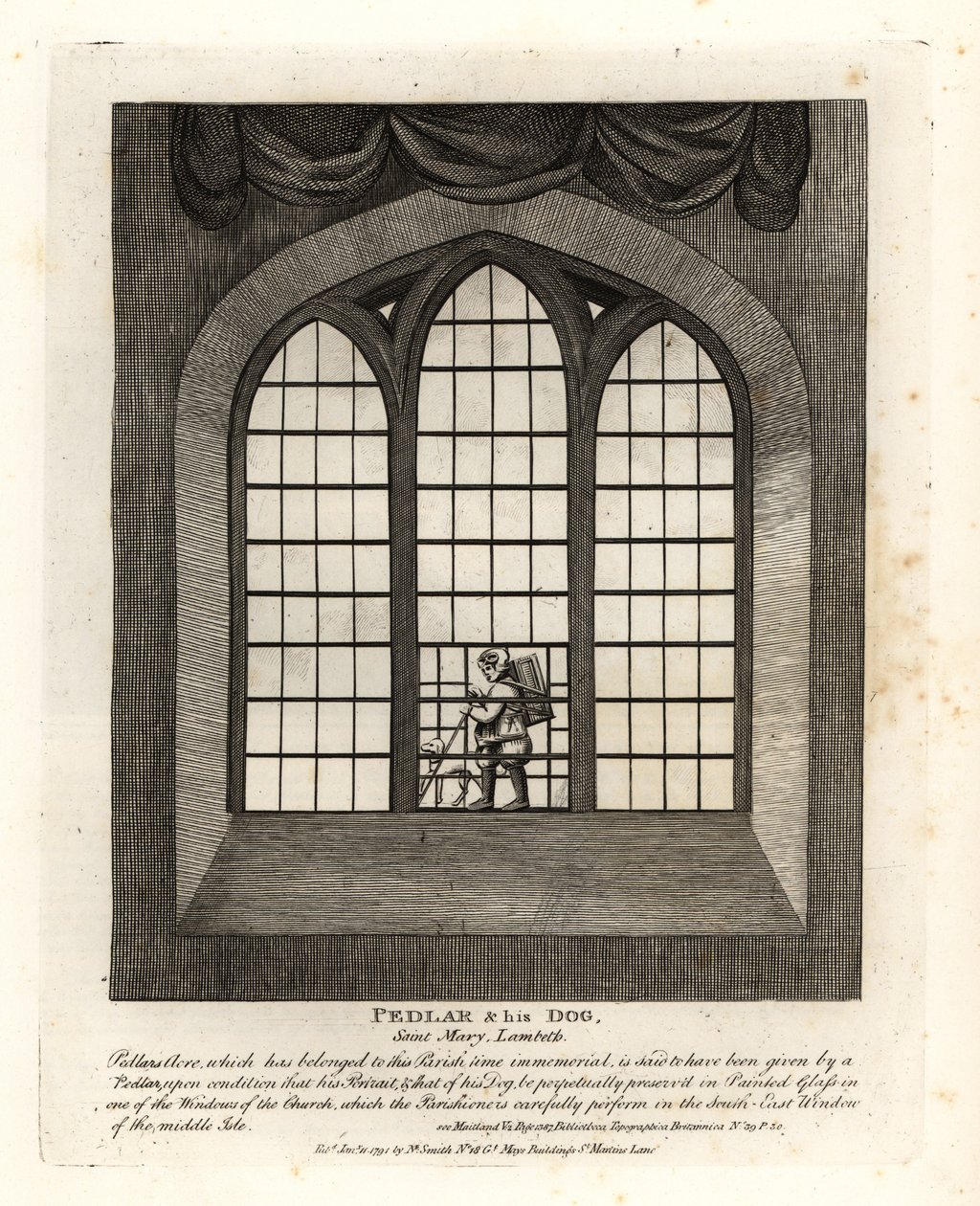 Krämer und sein Hund im Buntglasfenster der Kirche von Saint Mary-at-Lambeth von John Thomas Smith