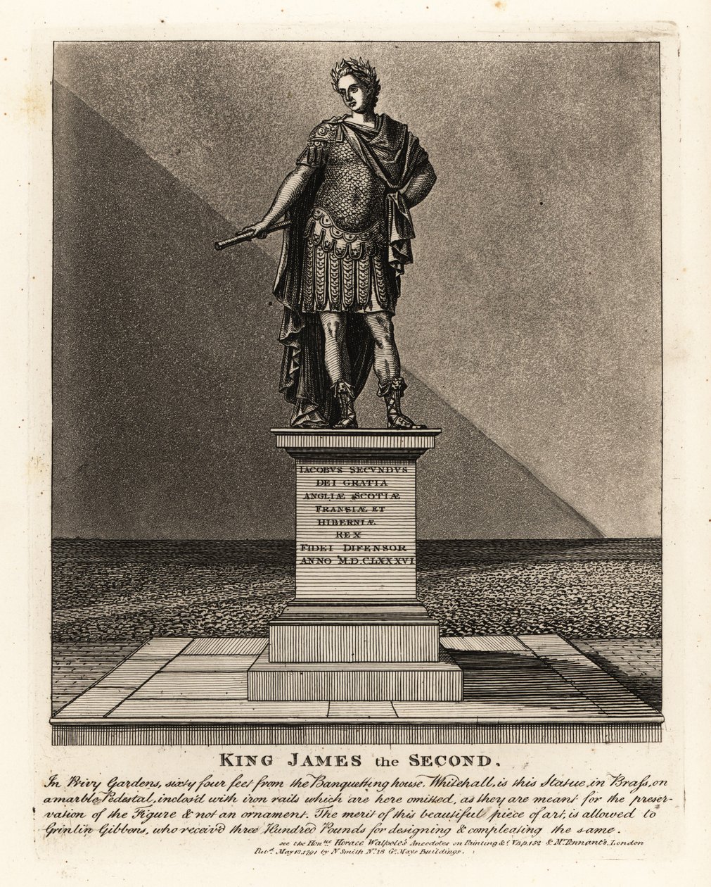 Statue von König James II. von England im Kostüm eines römischen Kaisers, Jacobus Seundus, entworfen von Grinling Gibbons, in den Privy Gardens von John Thomas Smith