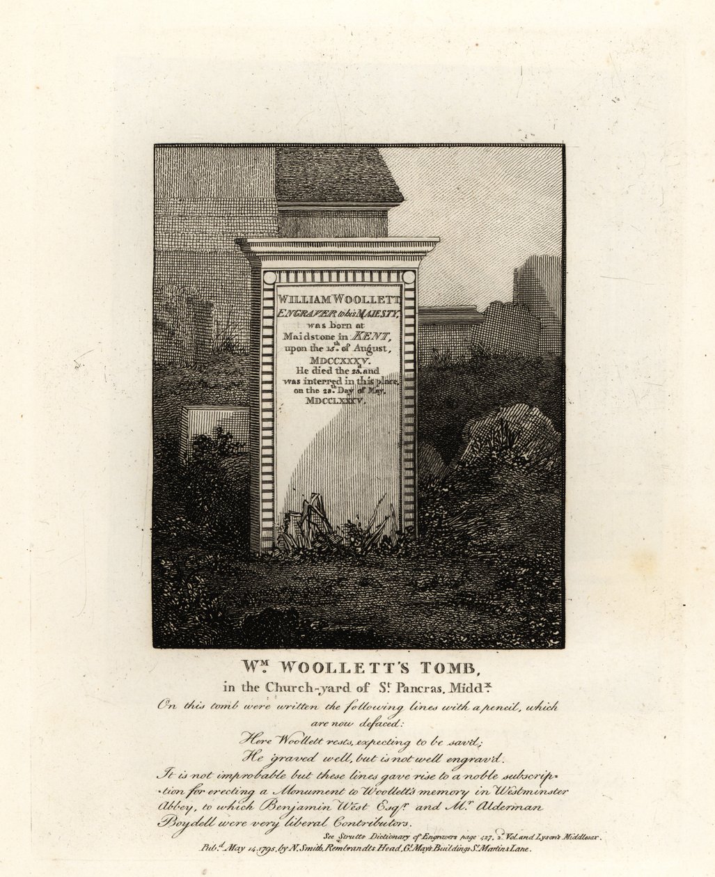 Grab des königlichen Graveurs William Woollett, gestorben 1735, auf dem Kirchhof von St. Pancras, Middlesex von John Thomas Smith