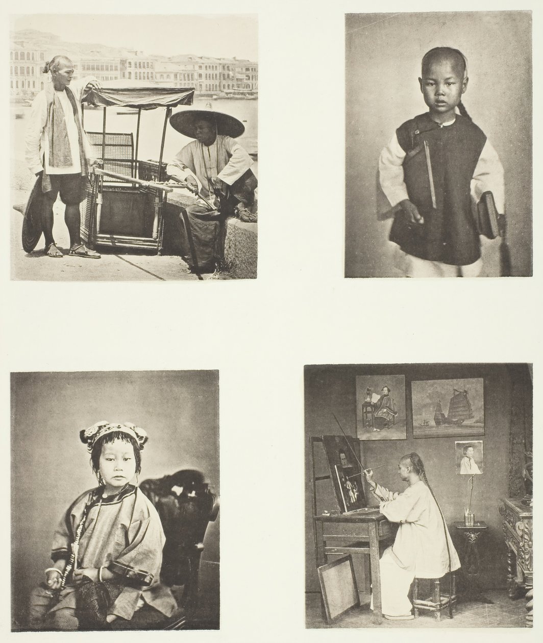 Ein Hong-Kong-Sänftenträger, ein chinesischer Schuljunge, ein chinesisches Mädchen, ein Hong-Kong-Künstler, ca. 1868 von John Thomson
