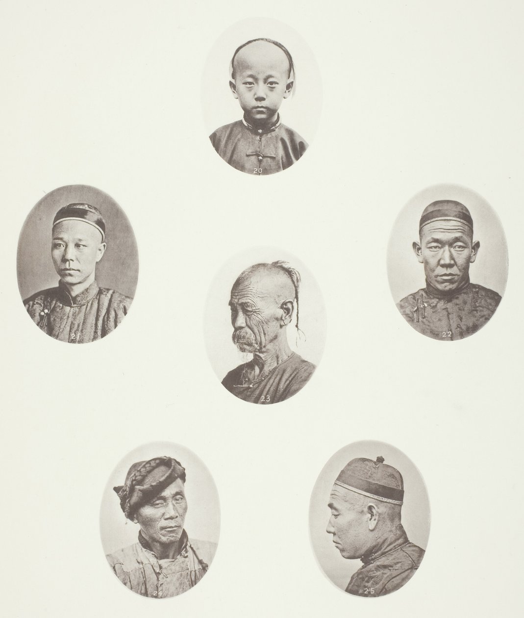 Kantonesischer Junge; Kantonesischer Kaufmann; Mongolischer Männerkopf; Ein ehrwürdiger Kopf; Ein Arbeiter; Mongolischer Männerkopf von John Thomson
