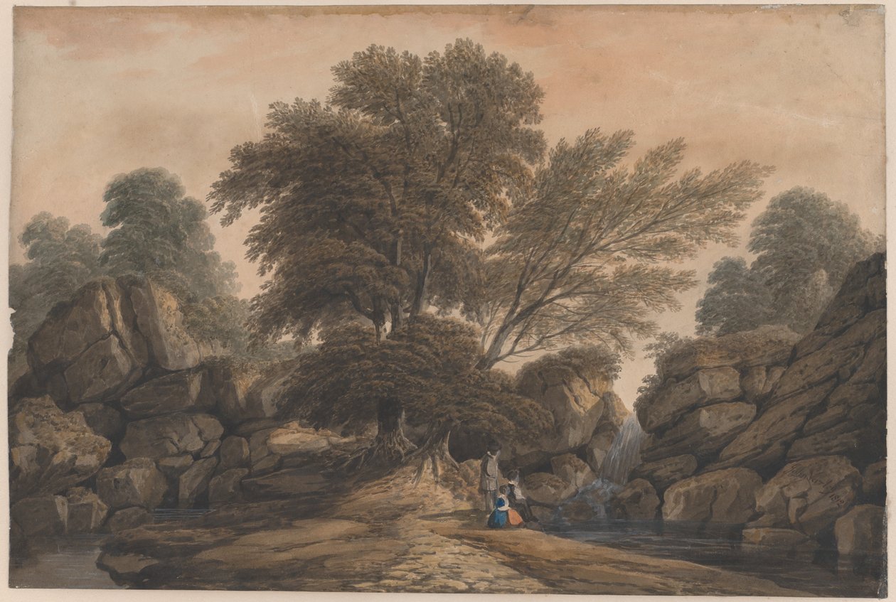 Figuren neben einem Wasserfall und Teich in einer bewaldeten Landschaft von John Varley