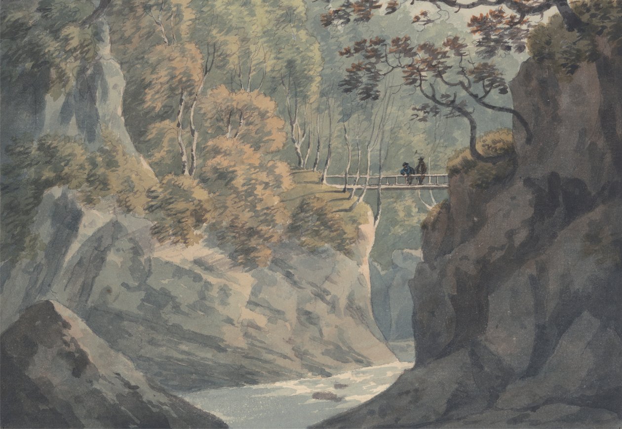 Alpenbrücke und Waldlandschaft in der Nähe von Pistil y Maw von John Warwick Smith