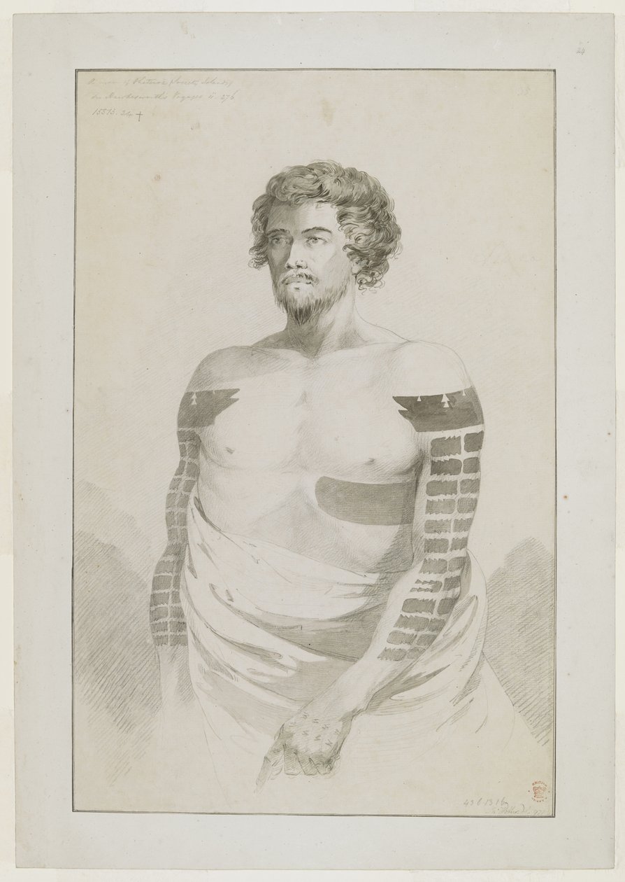 (Gesamte Zeichnung) Porträt eines Häuptlings von Borabora, [Puni?]; ein bärtiger Mann mit stark tätowierten Armen und einem großen Fleck auf seiner linken Seite. Dezember 1777 von John Webber