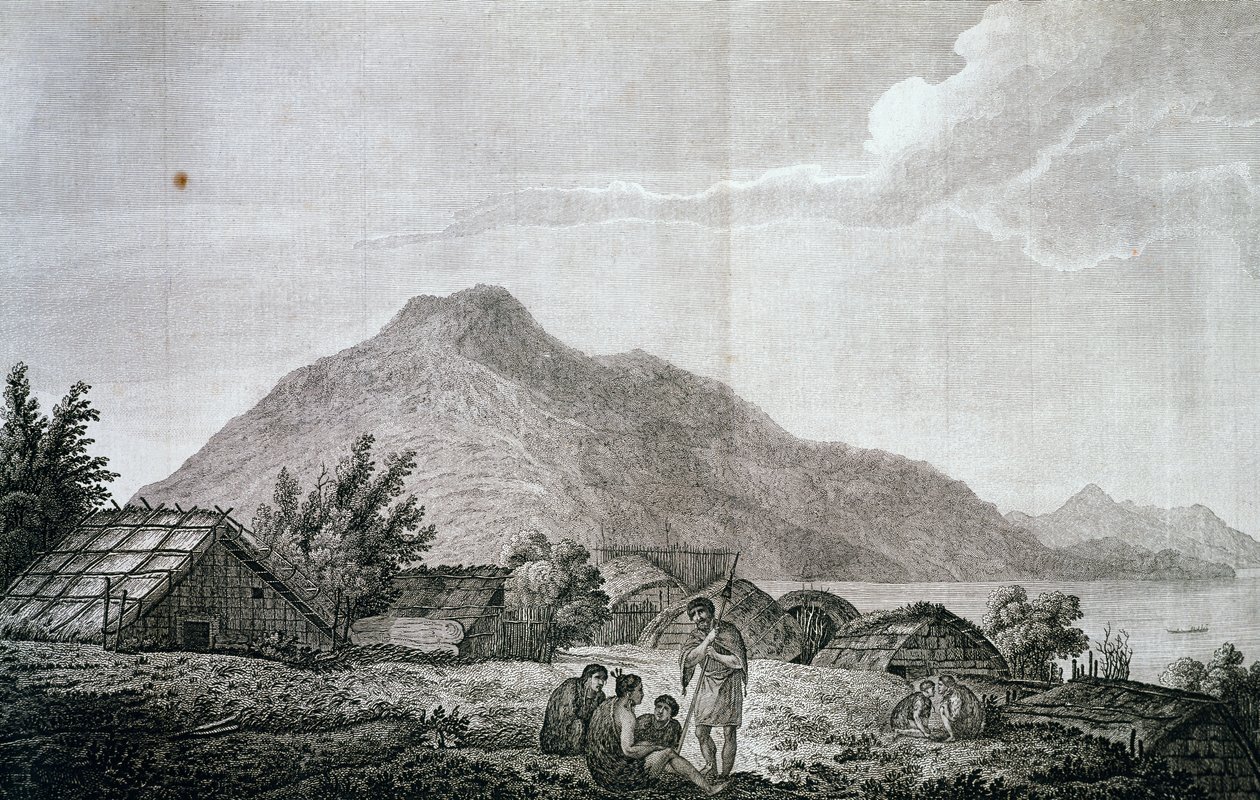 Im Hippah auf der Insel Motuara, basierend auf einer Zeichnung von John Webber (1750-1793), aus dem Bericht über die letzte Reise von James Cook (1776-1779), Gravur von John Webber
