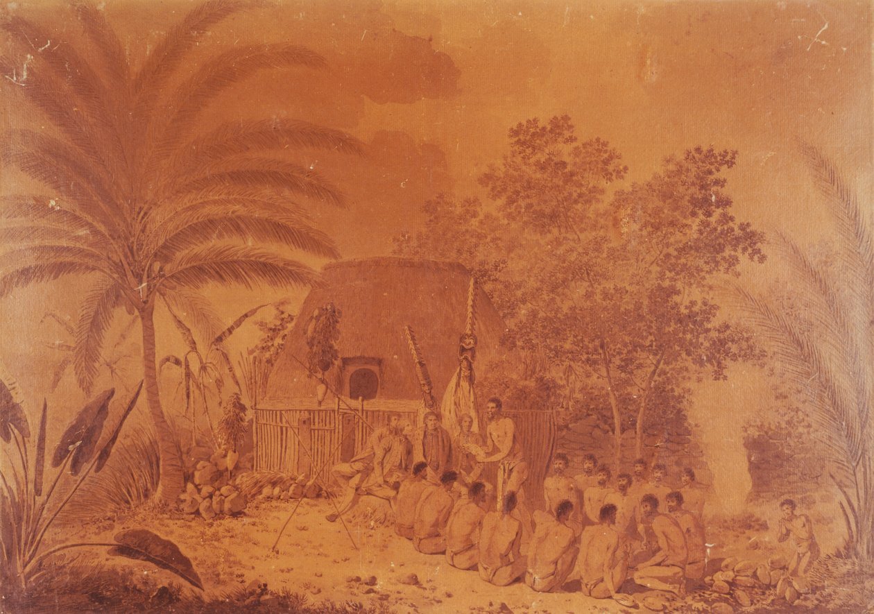 Opfergaben für Kapitän James Cook, Gravur von John Webber, Polynesien 18. Jahrhundert von John Webber