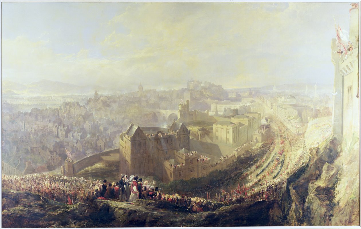 Der Einzug von George IV in Edinburgh vom Carlton Hill, 1822 von John Wilson Ewbank