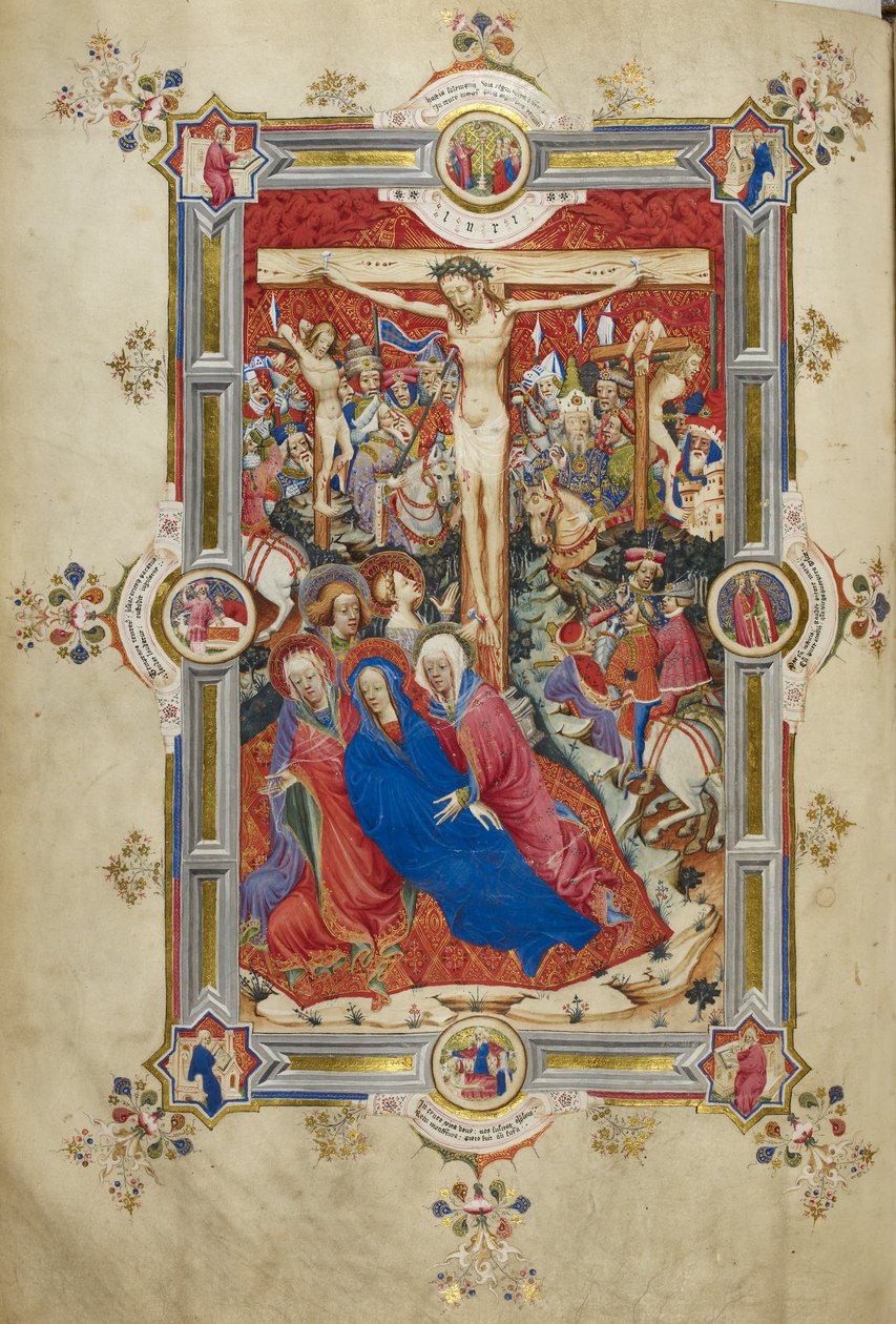 Die Kreuzigung, Einführung des Kanons der Messe. Christus am Kreuz, flankiert von Dieben, ohnmächtige Jungfrau, unterstützt von Frauen und St. Johannes, Magdalena am Fuß des Kreuzes. Menge von berittenen Zuschauern in zeitgenössischer Kleidung, einschließl von John and Siferwas John (fl. 1380–1421 Whas