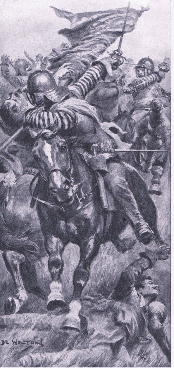 Leutnant John Smith erobert die königliche Standarte bei Edgehill zurück, 23. Oktober 1642, Illustration aus British Battles on Land and Sea, 1915 von John de Walton