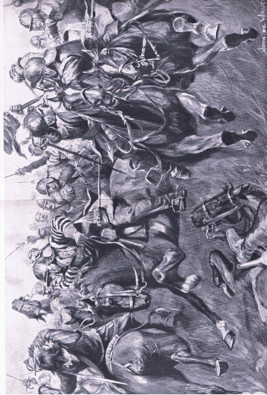 Marston Moor, 2. Juli 1644: Die schottische Kavallerie unter Leslie greift Prinz Ruperts Flanke an, Illustration aus British Battles on Land and Sea, 1915 von John de Walton