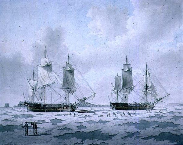 Die Schiffe der Expedition von Lord Mulgrave, eingebettet im Eis in den Polarregionen von John the Younger Cleveley