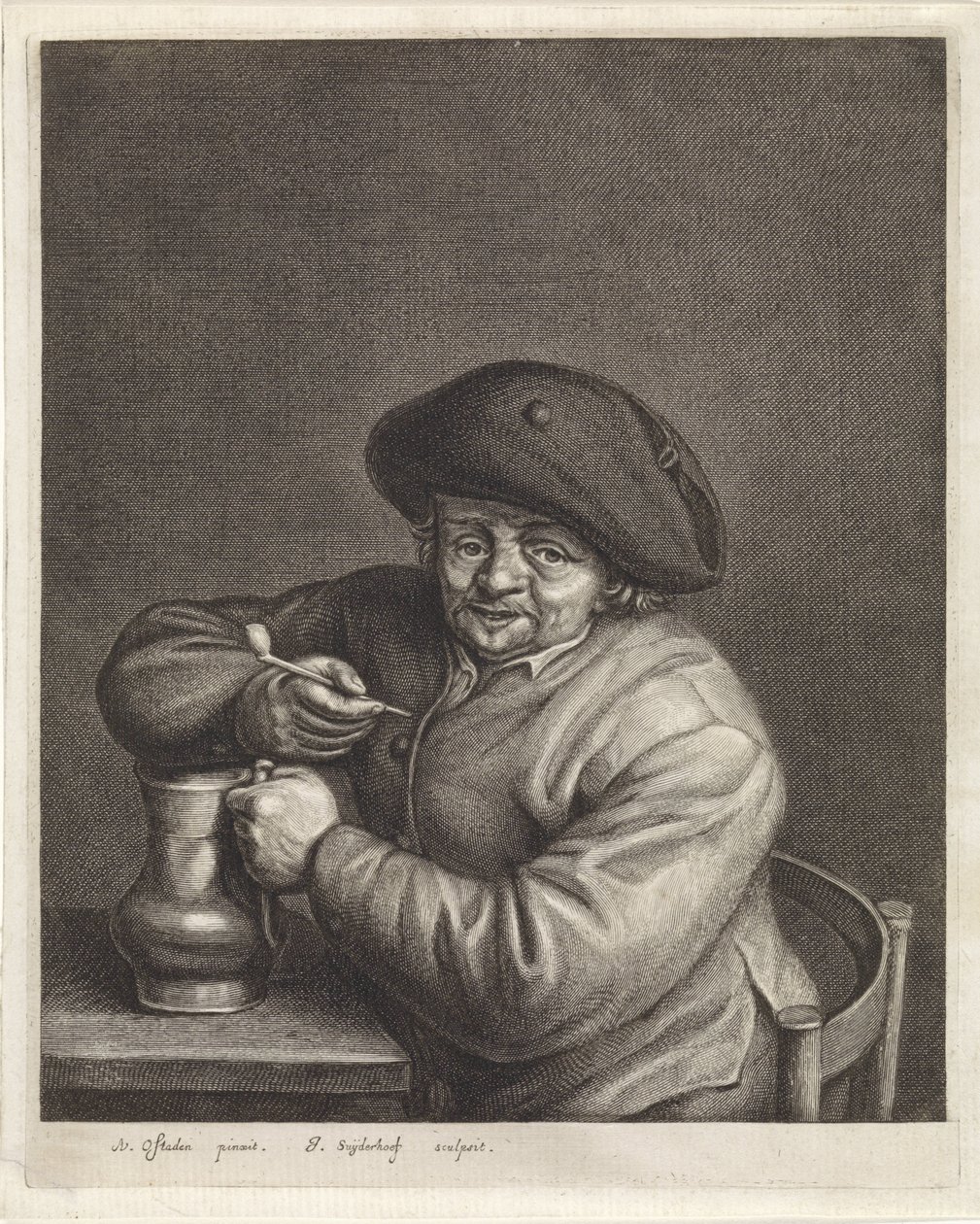 Bauer mit Pfeife und Krug in der Hand an einem Tisch von Jonas Suyderhoef
