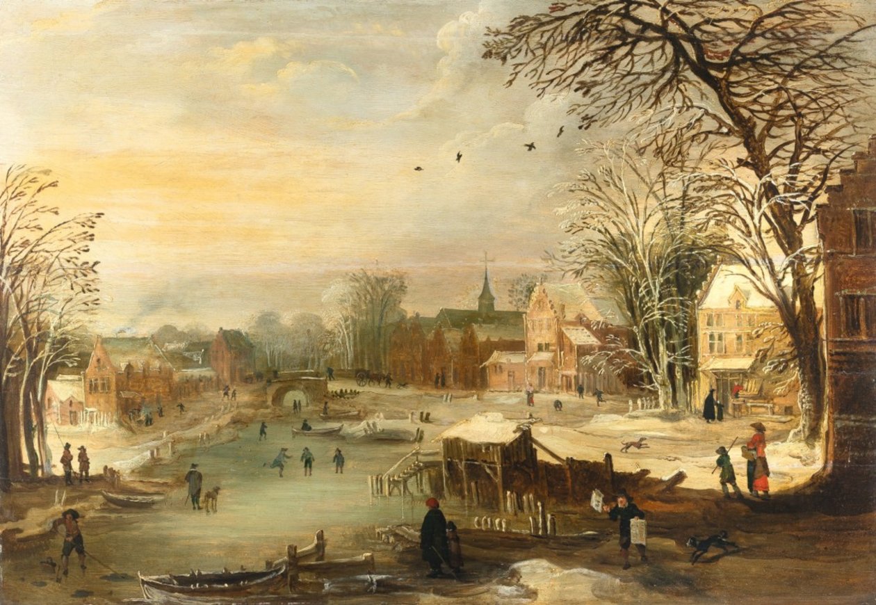 Winterdorf-Landschaft an einem zugefrorenen Fluss von Joos de Momper the younger