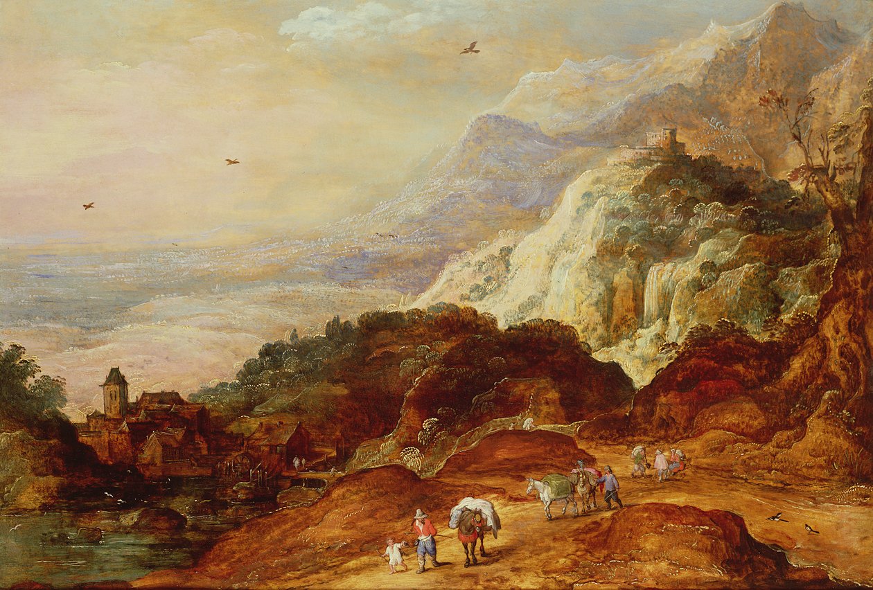 Gebirgslandschaft mit Figuren und Maultieren von Joos or Josse de Momper