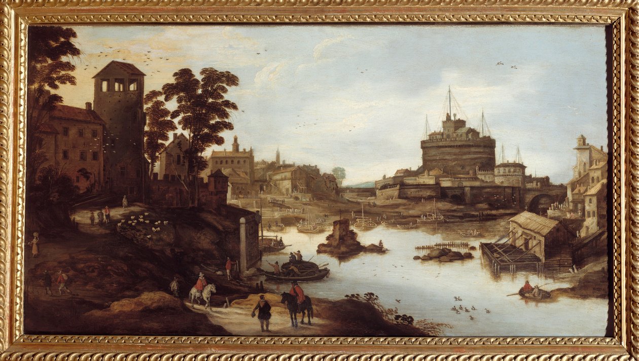 Ansicht des Tibers und der Engelsburg in Rom. Ein Haus auf Stelzen rechts. Gemälde von Josse Momper II (1564-1635), 17. Jahrhundert. Châlons-sur-Marne, Stadtmuseum von Joos or Josse de The Younger Momper