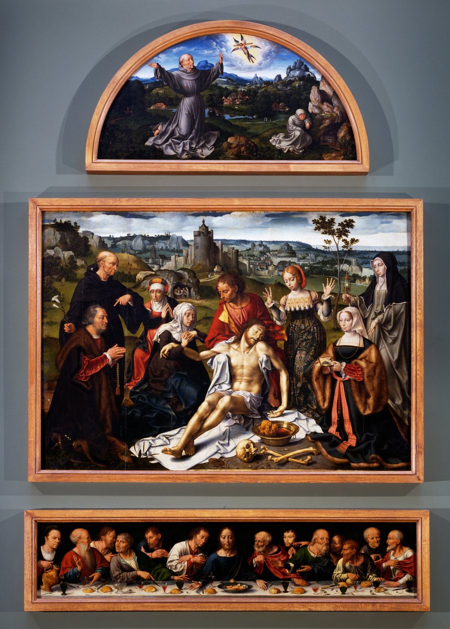Altarbild der Kreuzabnahme, mit den Stigmata des Hl. Franziskus, der Kreuzabnahme Christi und dem Letzten Abendmahl aus der Kirche der Minderbrüder in Genua von Joos van Cleve