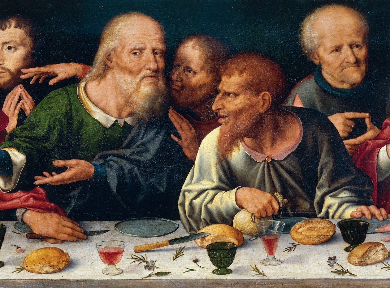 Das letzte Abendmahl, Judas und die anderen Apostel, Joos van Cleve (1485-1540 ca), Altarbild aus der Kirche der Frati Minori in Genua, Italien von Joos van Cleve